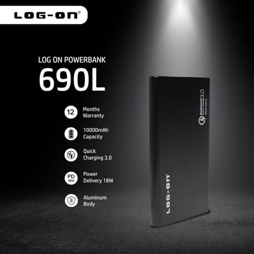 Log On 690L Powerbank 10000 MAH Quick Charge 3.0 Power Delivery PD 18W - Black