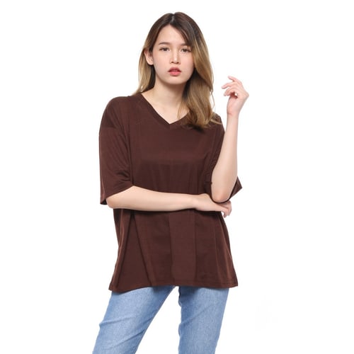 Rimas V-Neck Spandex T Shirt Wanita Coklat Size L