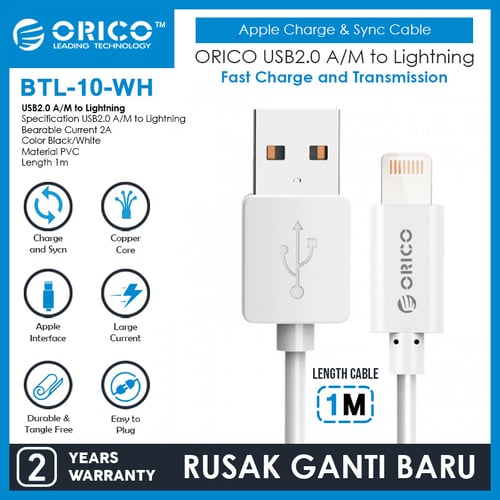 ORICO BTL-10 USB2.0 A/M To Lightning Apple Charge & Sync Cable 1 Meter White