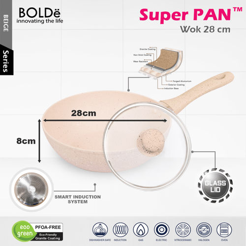 BOLDe SUPER PAN WOK - Panci Wajan GRANITE Coating BEIGE with LID