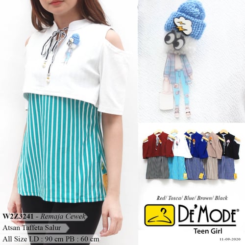 DeMode Teen girl Atasan Taffeta stripe kombinasi polos Aplikasi bross