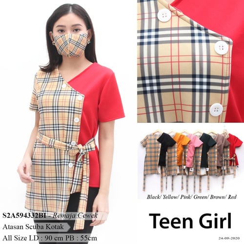 DeMode Remaja cewek kodeS2A594332BI Pakaian wanita remaja print Burberry kotak plus masker korea
