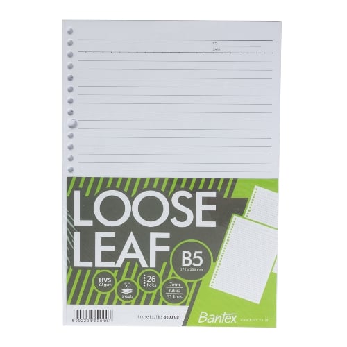 BANTEX Loose Leaf Paper B5 80 Gsm 50 Sheets 26 Holes 8600 00