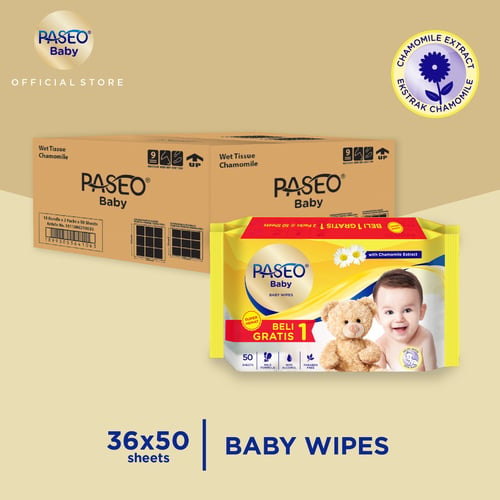 Karton - Paseo Baby Tissue Basah Chamomile 50 Sheets x 36 pcs (Buy 1 Get 1 Free)