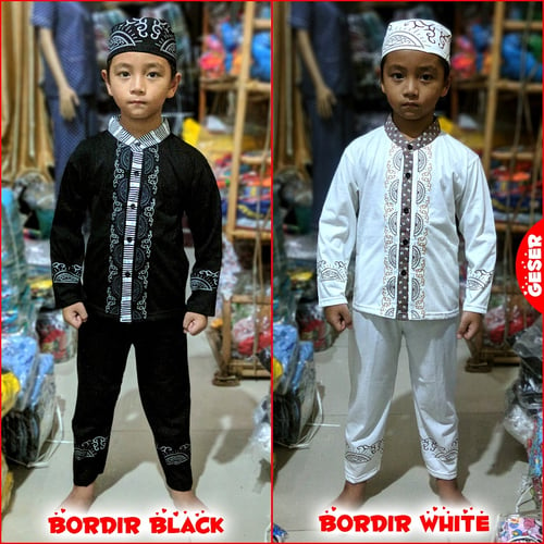 MARUNO Baju Muslim Koko Anak Laki BORDIR BLACK WHITE 6bulan-10tahun
