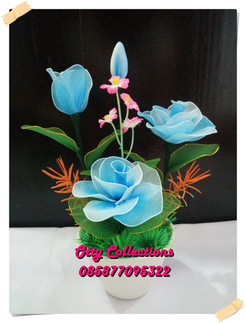 Bunga Hias Mawar Soft Blue - Articifial Bunga Mawar dari bahan kain stoking / Sovenir / Kado