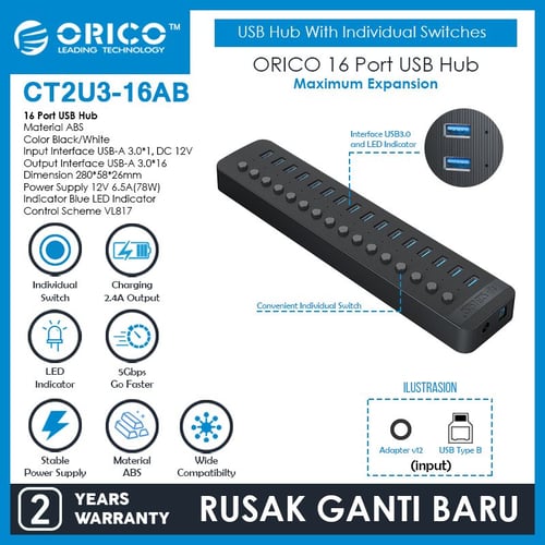 ORICO 16 Port USB Hub With Individual Switches - CT2U3-16AB - BLACK