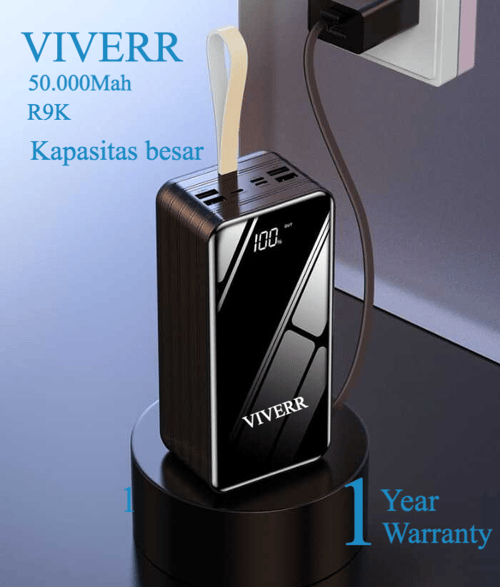 Powerbank VIVERR R9K 4 USB + 4 kabel output kapasitas 50.000 Mah original real garansi 1 tahun.