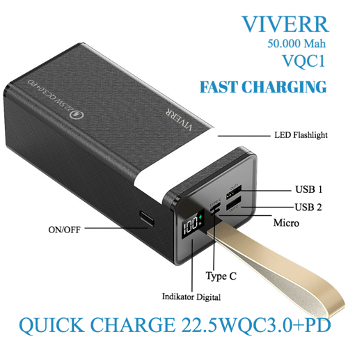 Fast Charging -Powerbank VIVERR Real kapasitas 50.000 Mah Quick Charger 22.5W QC3.0+ PD Fast Charging Original garansi 1 Tahun.