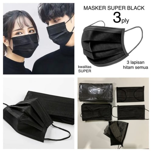 Facemask Masker 3ply Impor Earloop Import Disposable Surgical Mask Hitam 1Box Isi 50Pcs