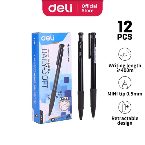 Deli Pulpen Ball Pen Retractable Halus - Warna Hitam 0.5 mm WQ02420