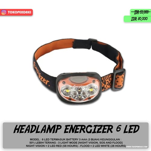 Headlamp Energizer Headlight 6 LED 3 Mode Cahaya Terang Free Baterai