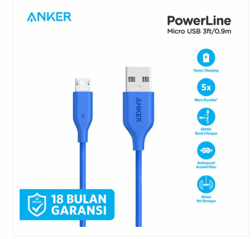 Kabel Charger Anker PowerLine Micro 3ft/0.9m Blue - A8132