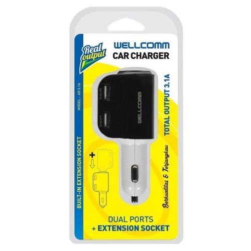 WELLCOMM Car Charger Dual Ports Plus Ext Socket Black 3.1A