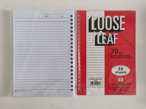 120x Tiara Loose Leaf A5 - 50 Lembar 70 Gsm - Kertas File 26 Holes - Bukan Sidu Sinar Dunia Joyko Kiky Big Boss