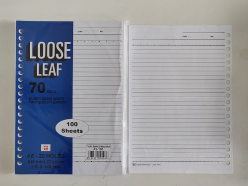 60x Tiara Loose Leaf A5 - 100 Lembar 70 Gsm - Kertas File 26 Holes - Bukan Sidu Sinar Dunia Joyko Kiky Big Boss