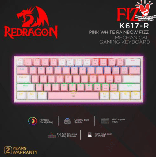 Redragon K617R Mechanical Gaming Keyboard 60 Persen PINK WHITE RAINBOW FIZZ