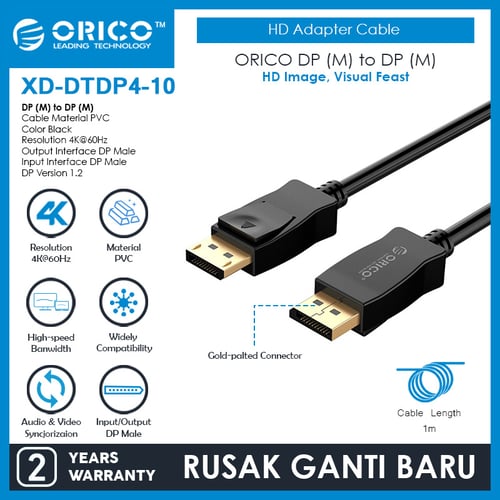ORICO DP (M) to DP (M) HD Adapter Cable BlacK 1 Meter - XD-DTDP4-10