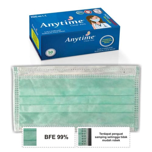 ANYTIME 3-Ply Earloop Surgical Face Mask 50 Pcs - Masker - Compare With Sensi. Diapro. Skrinner. One Med