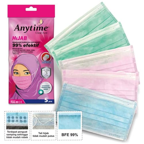 ANYTIME Headloop Surgical Face Mask 5 Pcs For HIJAB - Masker - Compare With Sensi. Diapro. Skrinner. One Med