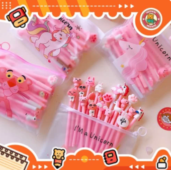 10pcs Pulpen Set Karakter Pink Free tempat pensil unicorn pvc