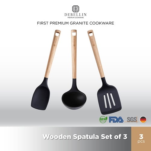 Debellin Spatula Silikon Set Of 3 With Wooden handle atau Sutil Food Grade Premium