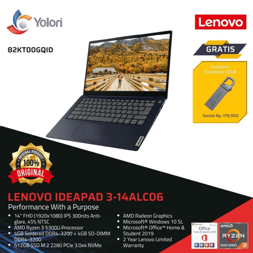Lenovo IdeaPad 3 14ALC6 R3-5300 8GB 512GB AMD Radeon Windows 10 + OHS 2019 (82KT00GQID)