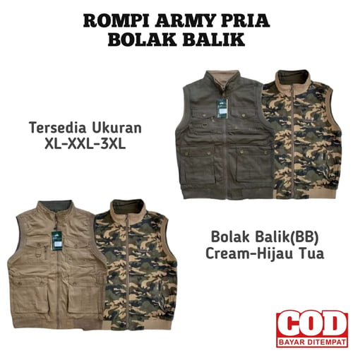 ROMPI ARMY PRIA CASUAL BOLAK BALIK LUAR POLOS DALAM LORENG KATUN WAISTCOAT JEEP