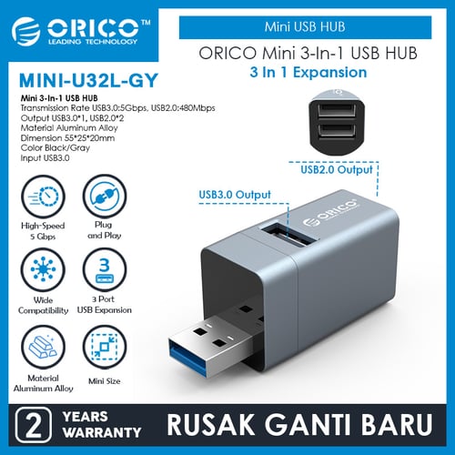 ORICO Mini 3 Port USB HUB Aluminium USB 3.0 2.0 - MINI-U32L-GRAY