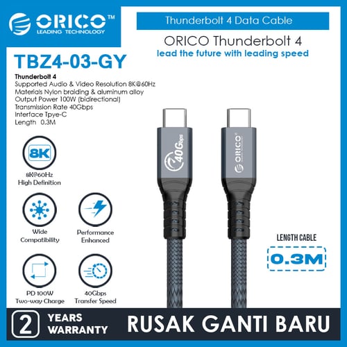 ORICO Thunderbolt 4 Data Cable 40Gbps 8K60Hz PD 100W 0.3M - TBZ4-03