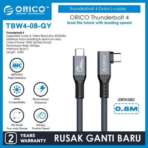 ORICO Thunderbolt 4 Data L-Cable 40Gbps 8K60Hz PD 100W 0.8M - TBW4-08