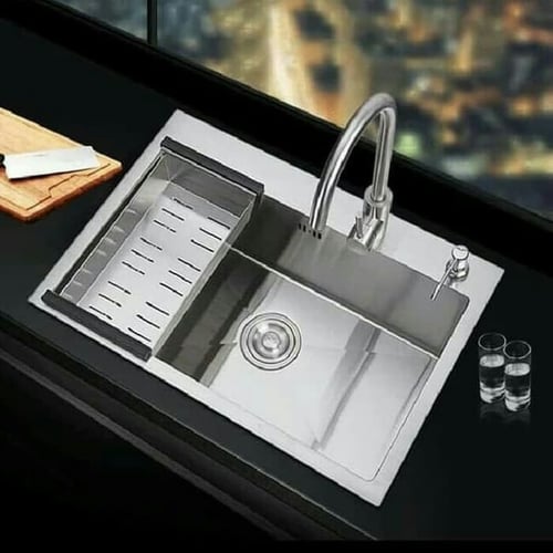 Paket Kitchen Sink 6045 stainless + kran sink terompet hitam- wastafel cuci piring stainless