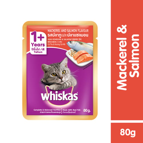 WHISKAS Makanan Kucing Basah Rasa Mackerel & Salmon 80 g - 1 Pouch