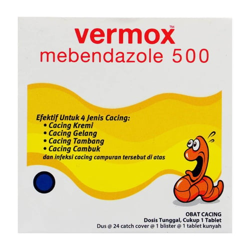 Obat Cacing Tablet Vermox Mebendazole 500 Tablet Kunyah Rasa Manis
