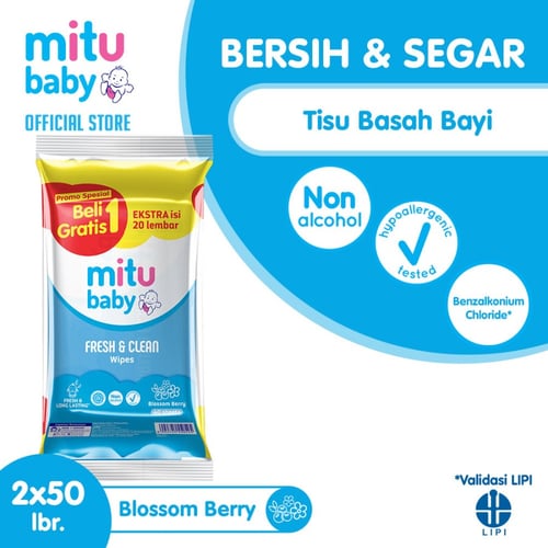 Mitu Baby Wipes Tisu Basah Fresh n Clean Blue 50s - 2 pcs