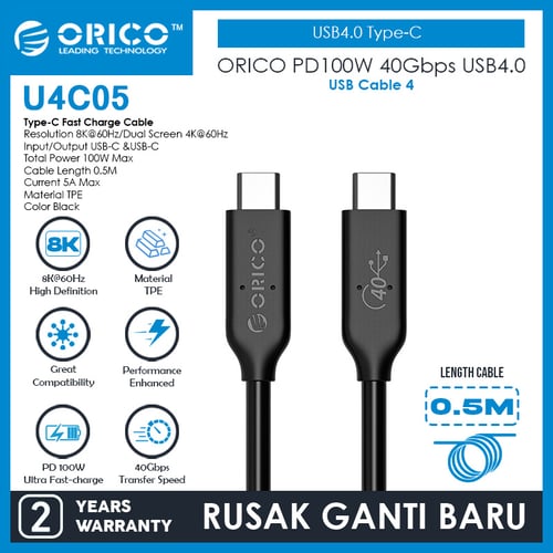 ORICO PD100W 40Gbps USB4.0 Type-C Fast Charge Cable 50 cm - U4C05