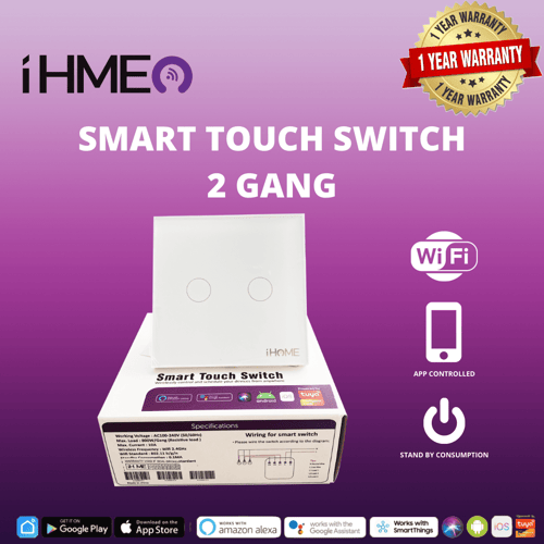 IHME Smart Touch Switch 2 Gang EU Wireless WiFi Saklar Pintar