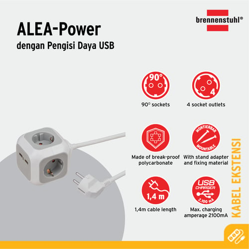 Brennenstuhl ALEA Power Kabel Ekstension dan Stop Kontak dengan USB 4-Soket - 1150100