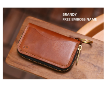 Keyless Key wallet zipper Leather - Red Brown