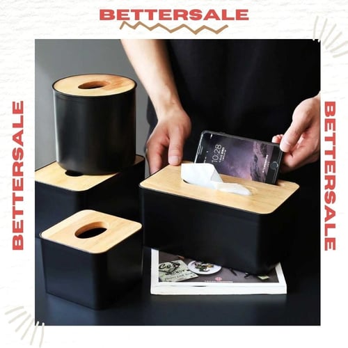 Tempat Penyimpanan Kotak Tisu Tissue Kayu Wooden Multifungsi - Hitam - Kotak 11x11x8.5