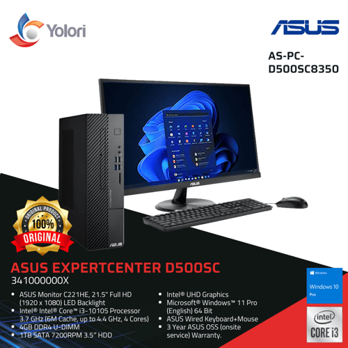 ASUS PC DESKTOP D500SC-341000000R i3-10105 4GB 1TB Intel UHD  Windows 10 Pro + Monitor C2221HE