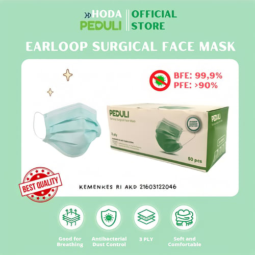 Masker Earloop Hijau PEDULI 3Ply 50 Pcs Face Mask Good Quality