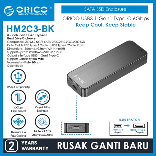 ORICO USB3.1 Gen1 Type-C 6Gbps M.2 SATA SSD Enclosure - HM2C3