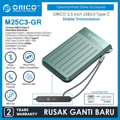 ORICO 2.5 inch USB3.1 Gen1 Type-C Hard Drive Enclosure - M25C3 - GN