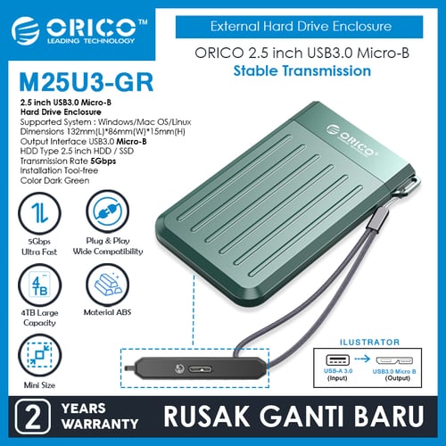 ORICO 2.5 inch USB3.0 Micro-B Hard Drive Enclosure - M25U3 - GN