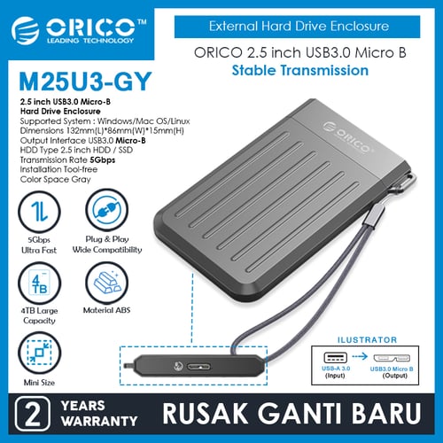 ORICO 2.5 inch USB3.0 Micro-B Hard Drive Enclosure - M25U3 - GY