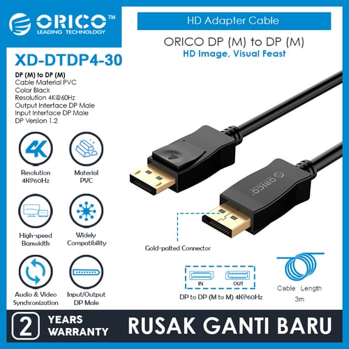 ORICO DP (M) to DP (M) HD Adapter Cable BlacK 3 Meter - XD-DTDP4-30
