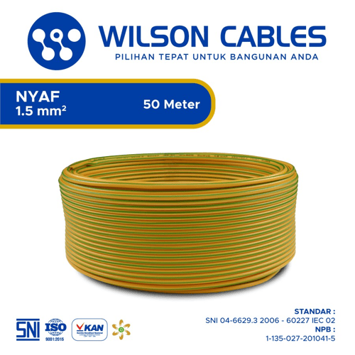 Wilson Cables - Kabel Listrik Tembaga NYAF 1.5 mm2 - Kuning, ROLL 50 MTR