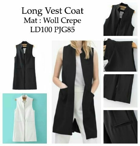 [long vest coat RO] vest wanita woll crep hitam dan putih