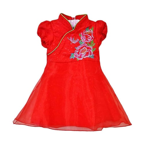 Korea Pink CNY Embordiery Flower Dress Anak - Red